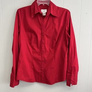 Ann Taylor‎ Loft Red Hidden Button Front V Neck Shirt Blouse Long Sleeve Sz 10